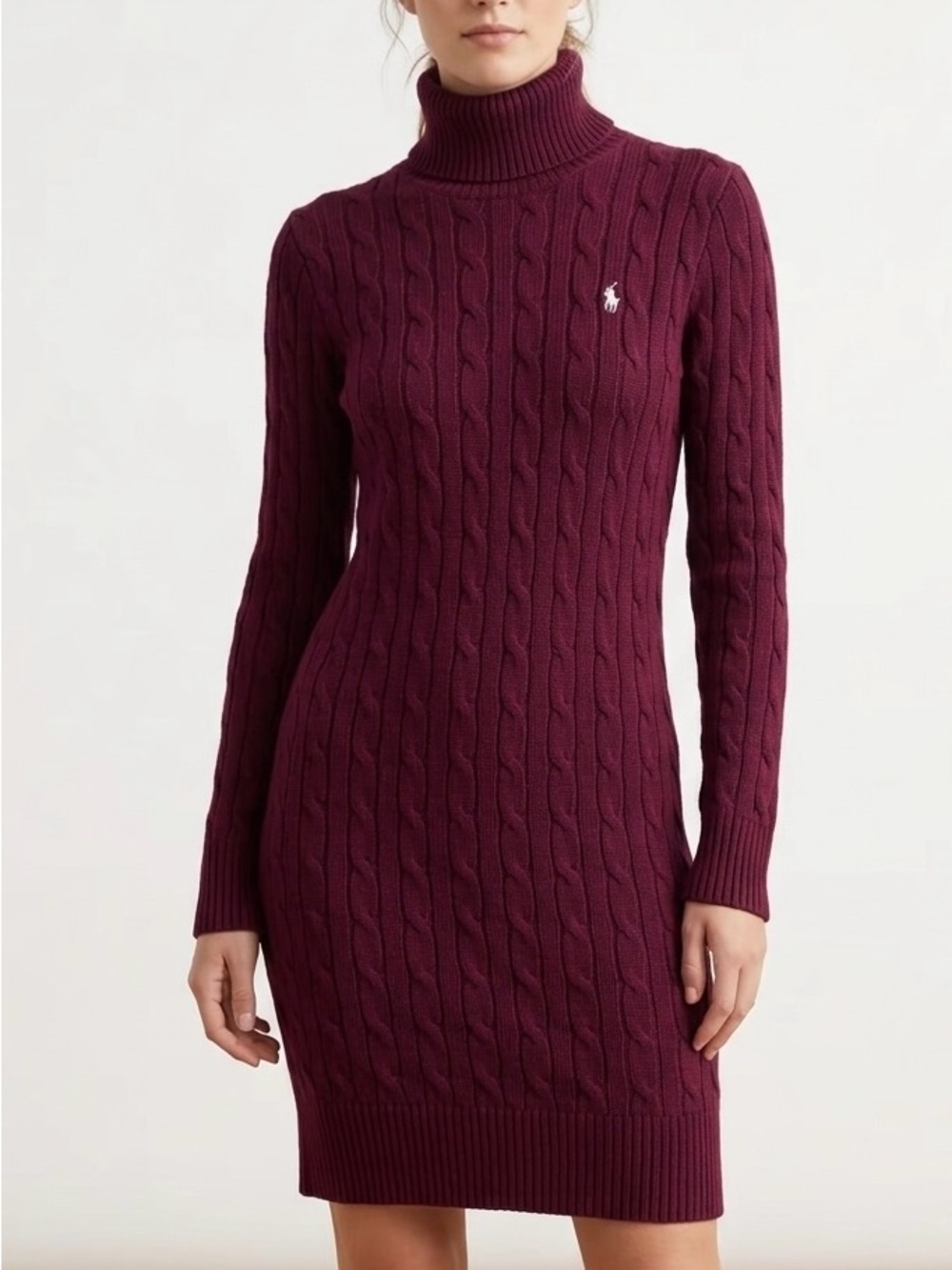 Vintage Ralph Lauren Sport Plum Cable Knit Turtleneck Tunic Sweater Y2K Preppy S